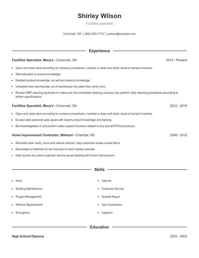 Facilities Specialist Resume