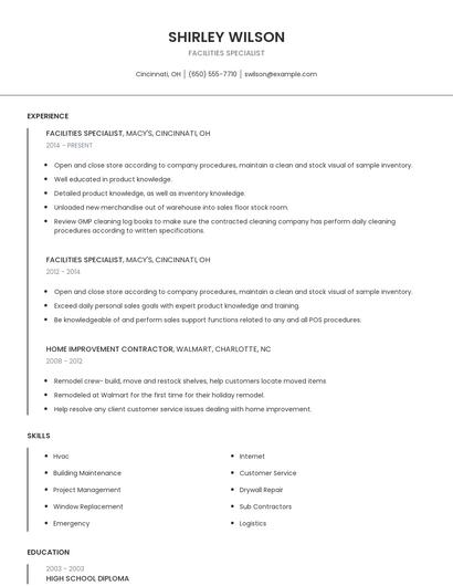 Facilities Specialist Resume