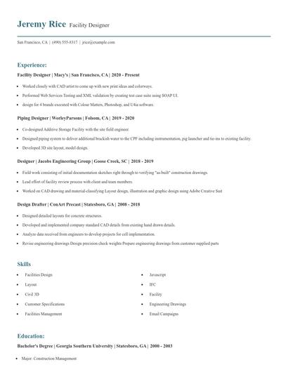 Facility Designer Resume