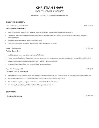 Facility Service Associate Resume