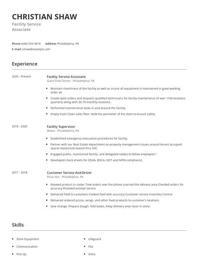 Facility Service Associate Resume