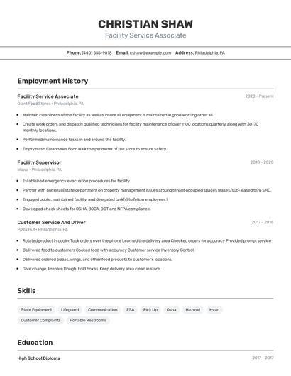 Facility Service Associate Resume
