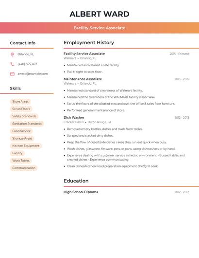 Facility Service Associate Resume