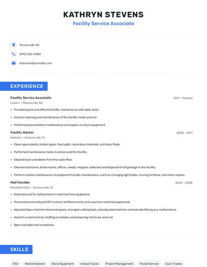 Facility Service Associate Resume