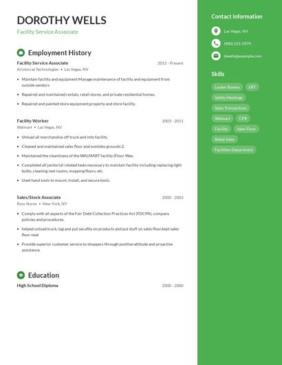 Facility Service Associate Resume