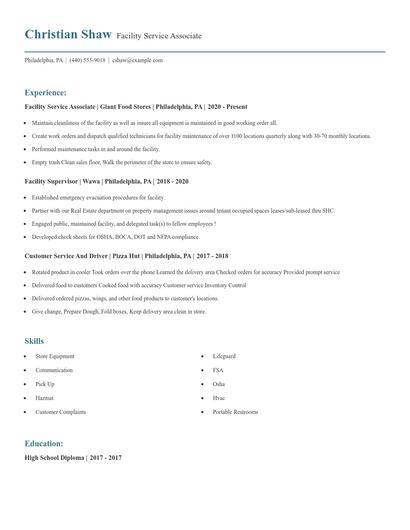 Facility Service Associate Resume