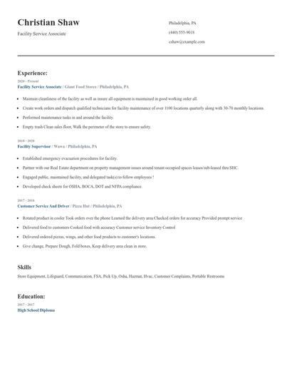 Facility Service Associate Resume