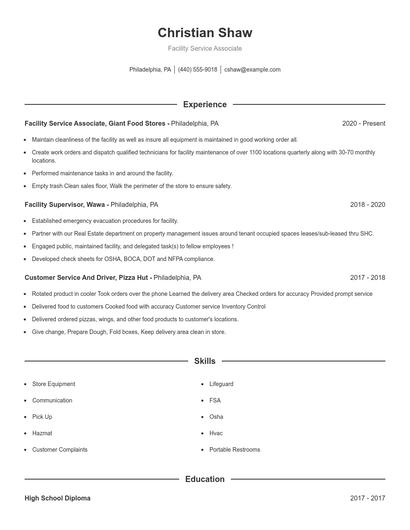 Facility Service Associate Resume