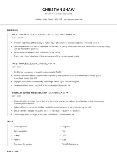Facility Service Associate Resume
