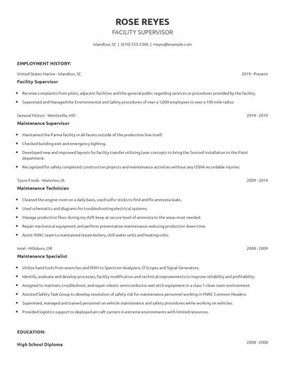 Facility Supervisor Resume