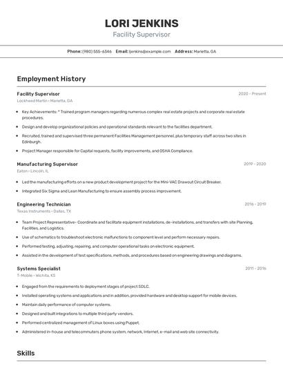 Facility Supervisor Resume