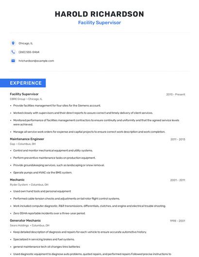 Facility Supervisor Resume