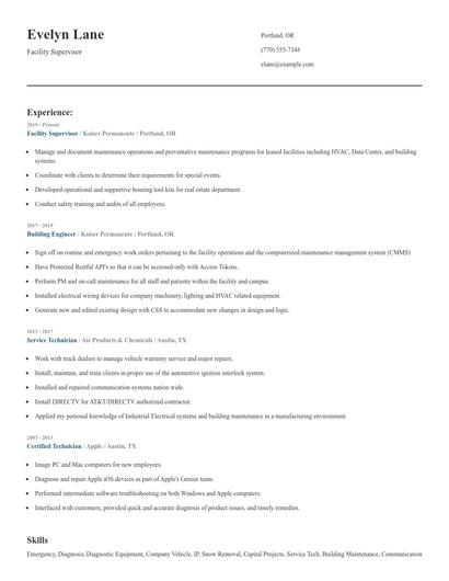 Facility Supervisor Resume