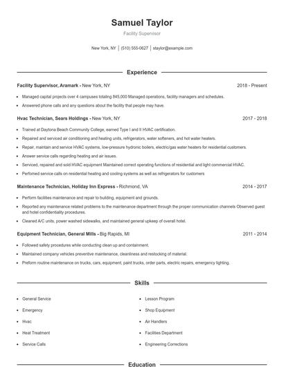 Facility Supervisor Resume