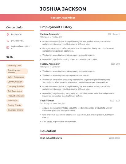 Factory Assembler Resume