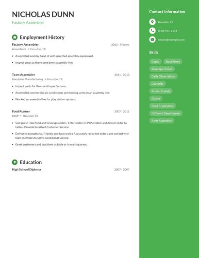 Factory Assembler Resume