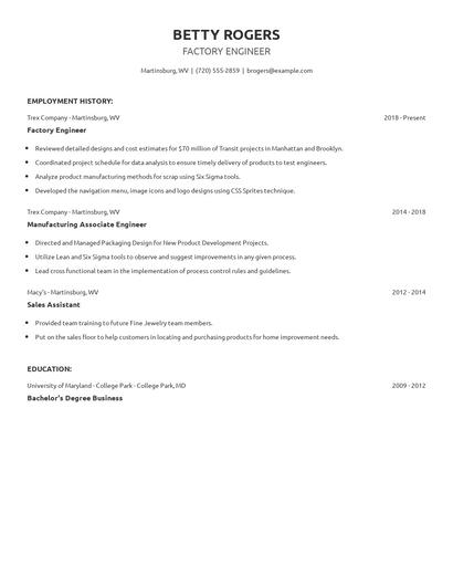 Factory Engineer Resume