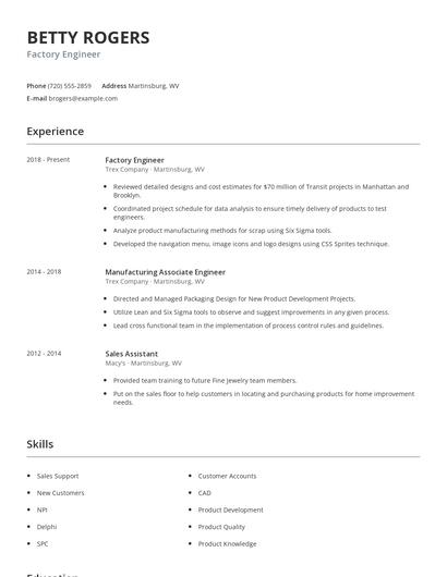 Factory Engineer Resume