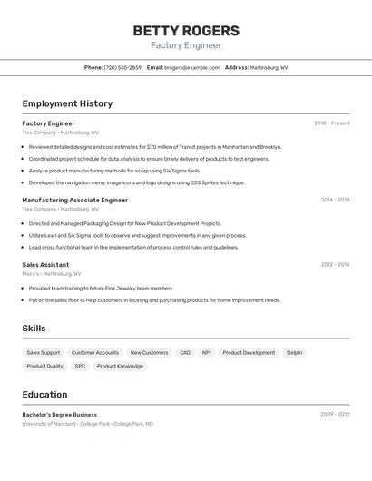Factory Engineer Resume
