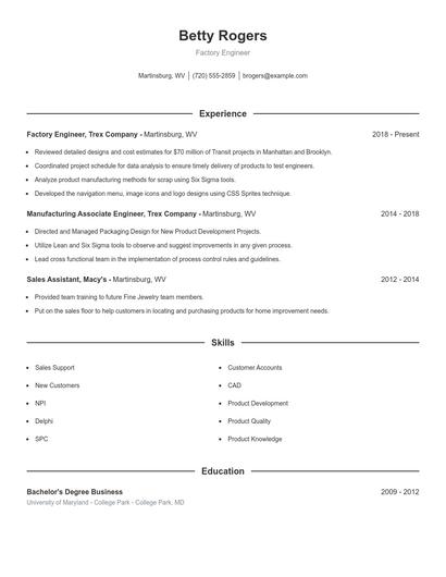Factory Engineer Resume