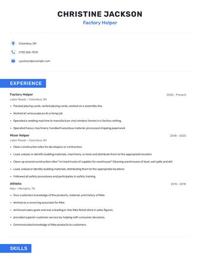 Factory Helper Resume