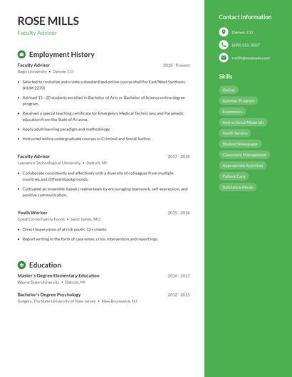 Faculty Advisor Resume