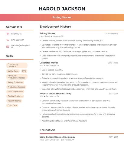 Fairing Worker Resume