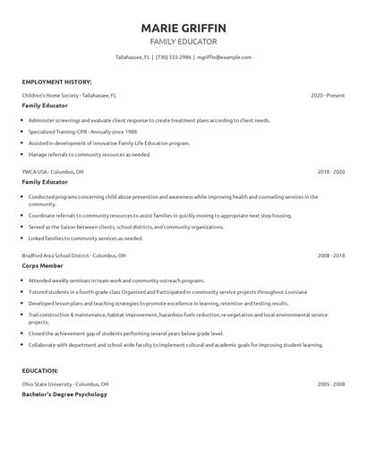 Family Educator Resume