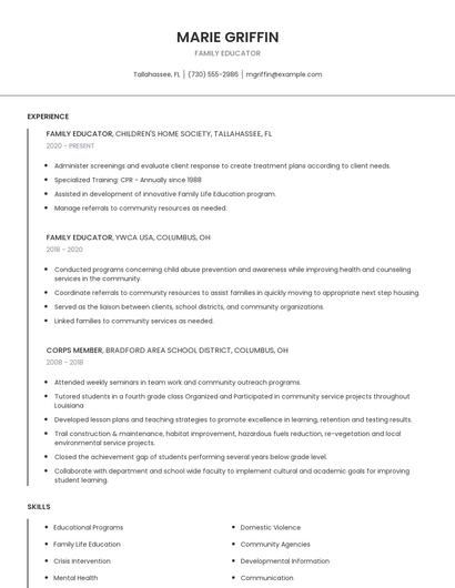 Family Educator Resume