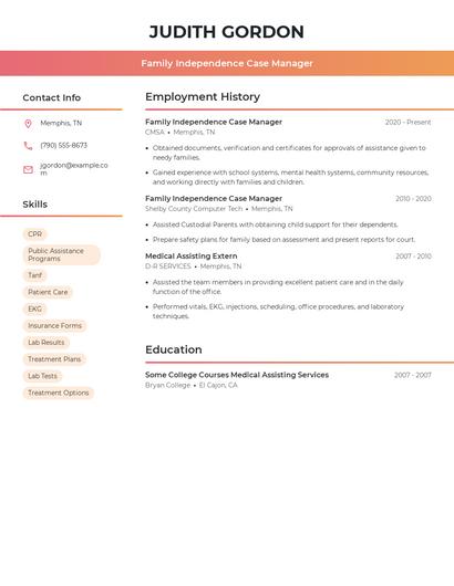 Family Independence Case Manager Resume