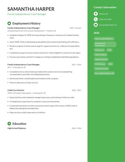 Family Independence Case Manager Resume