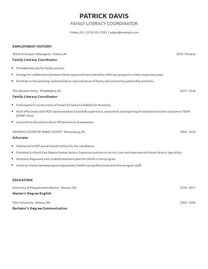 Family Literacy Coordinator Resume