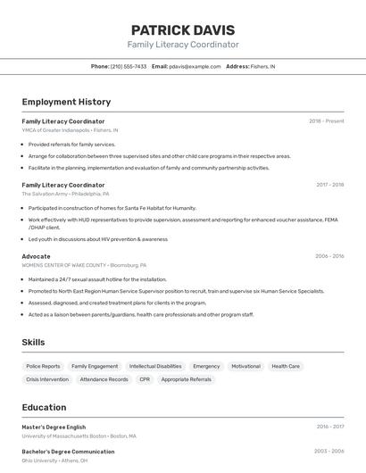 Family Literacy Coordinator Resume