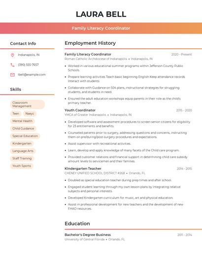 Family Literacy Coordinator Resume