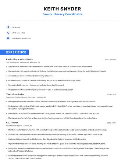 Family Literacy Coordinator Resume