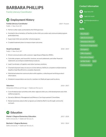 Family Literacy Coordinator Resume