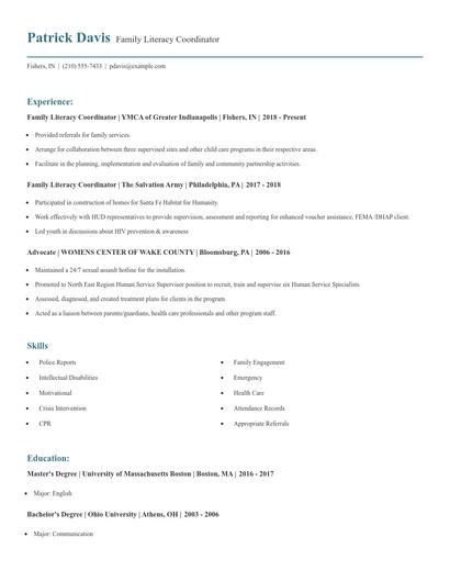 Family Literacy Coordinator Resume