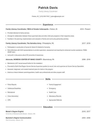 Family Literacy Coordinator Resume