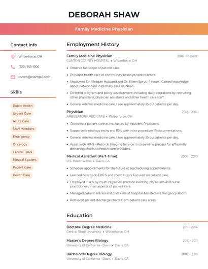 Family Medicine Physician Resume
