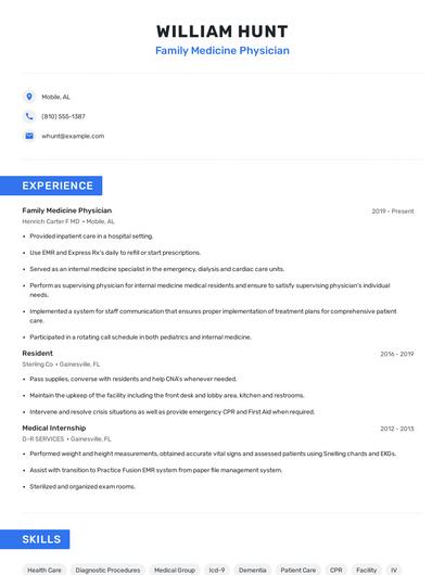 Family Medicine Physician Resume