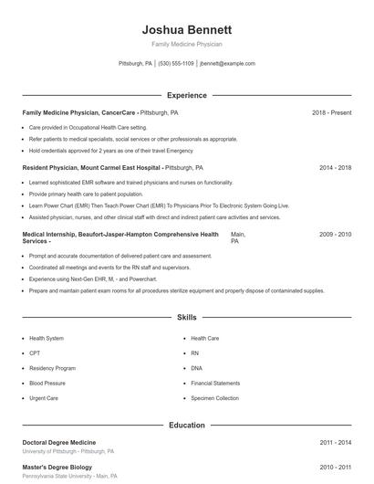 Family Medicine Physician Resume