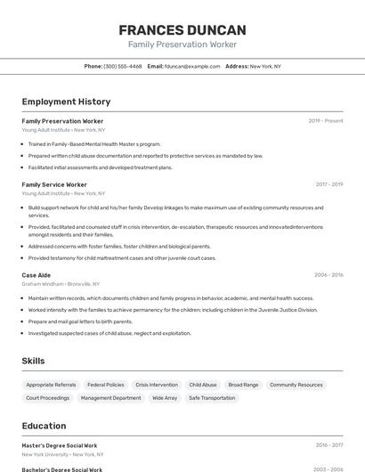Family Preservation Worker Resume