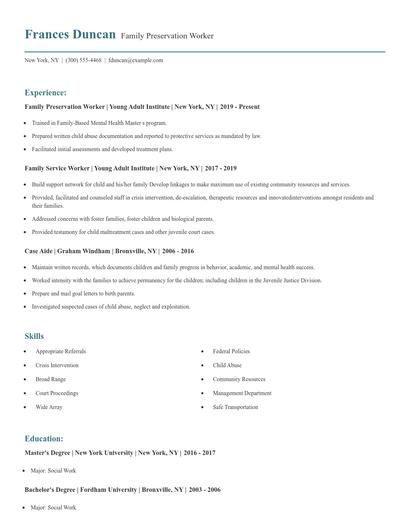 Family Preservation Worker Resume
