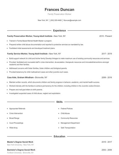 Family Preservation Worker Resume