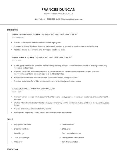 Family Preservation Worker Resume