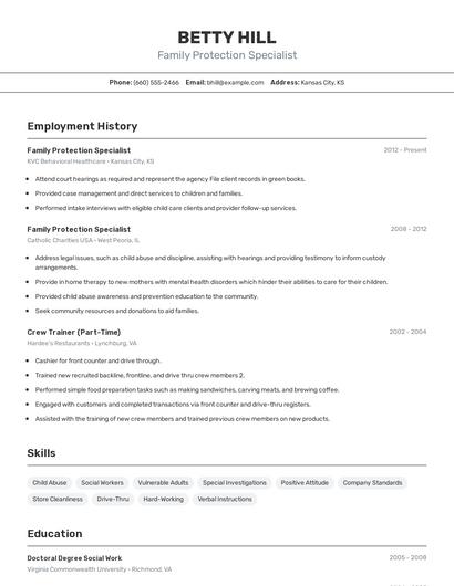 Family Protection Specialist Resume