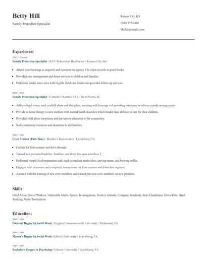 Family Protection Specialist Resume