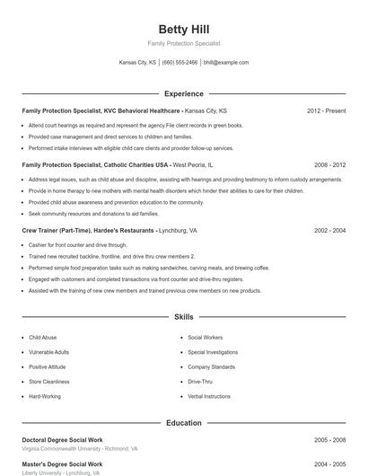 Family Protection Specialist Resume