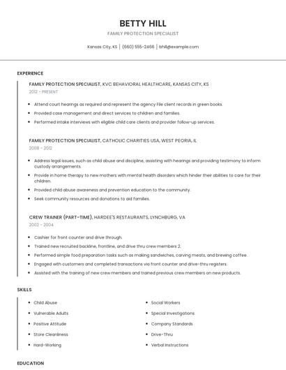 Family Protection Specialist Resume