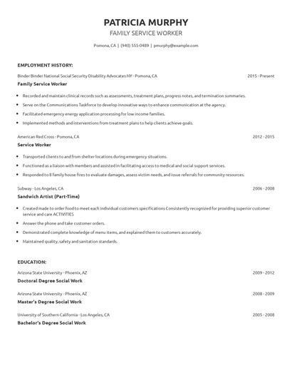 Family Service Worker Resume